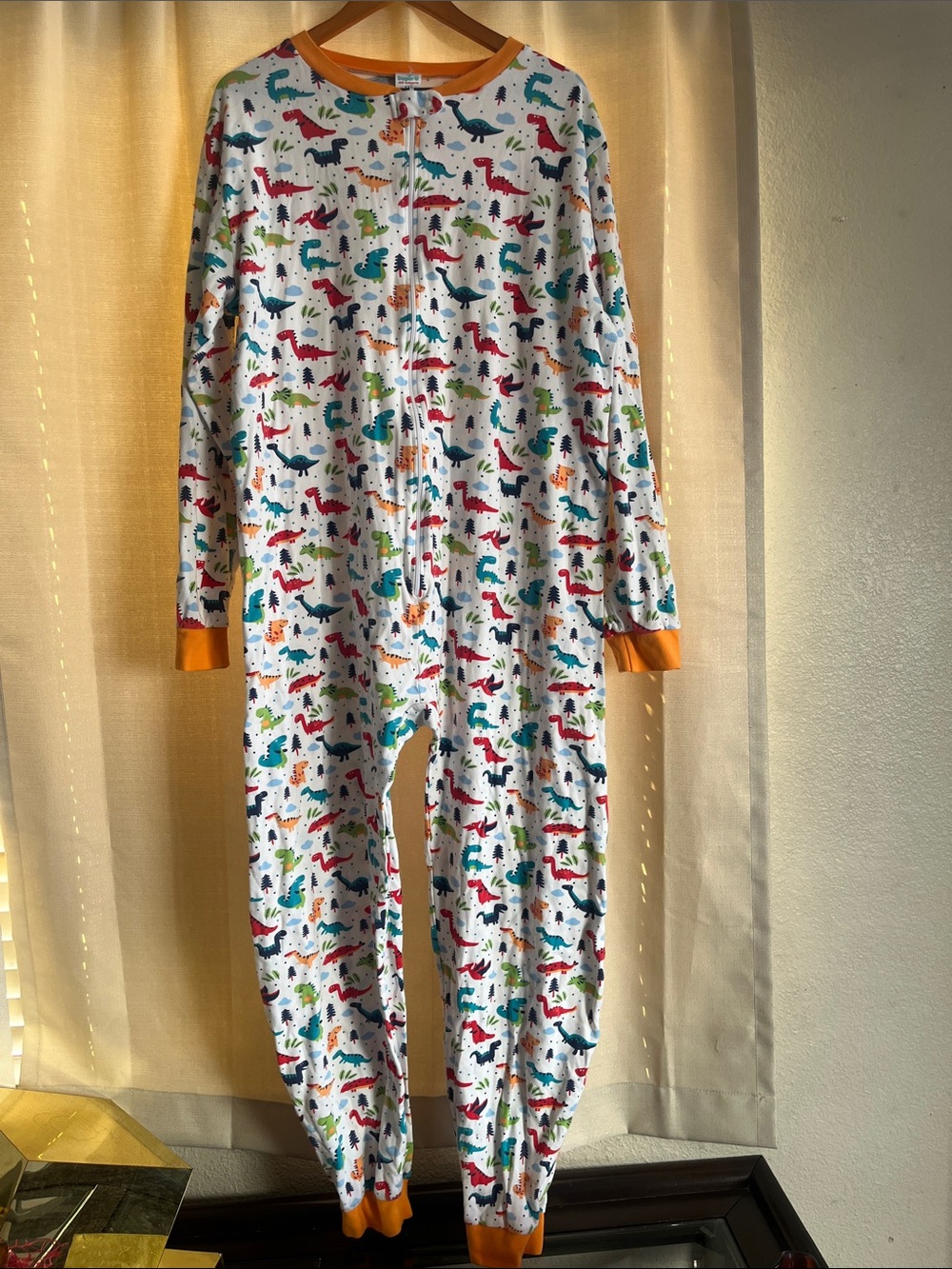 Men’s White Dinosaur Print Zip Front Onesie with Orange Trim